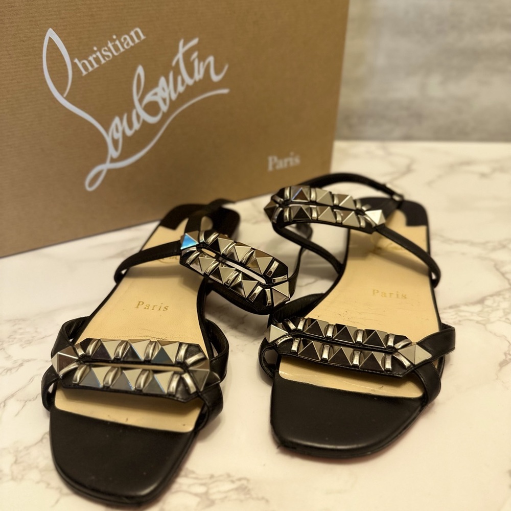 Christian Louboutin flat sandals. Black and silver. Rubber bottom!